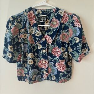 Vintage Cropped Floral Blouse - Navy, Red, Green